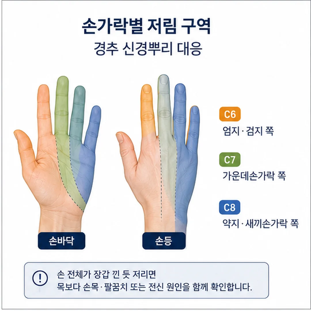 손가락별 저림 구역과 경추 신경뿌리 대응 그림