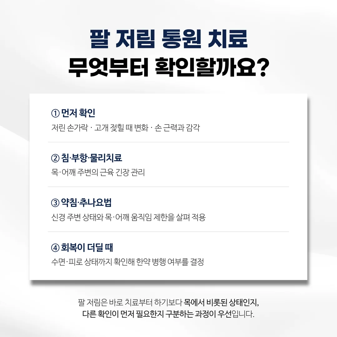팔 저림 환자의 손 근력과 감각을 확인하는 진찰 장면