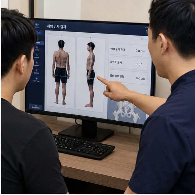 추나요법 전 체형 검사 결과를 확인하는 모습