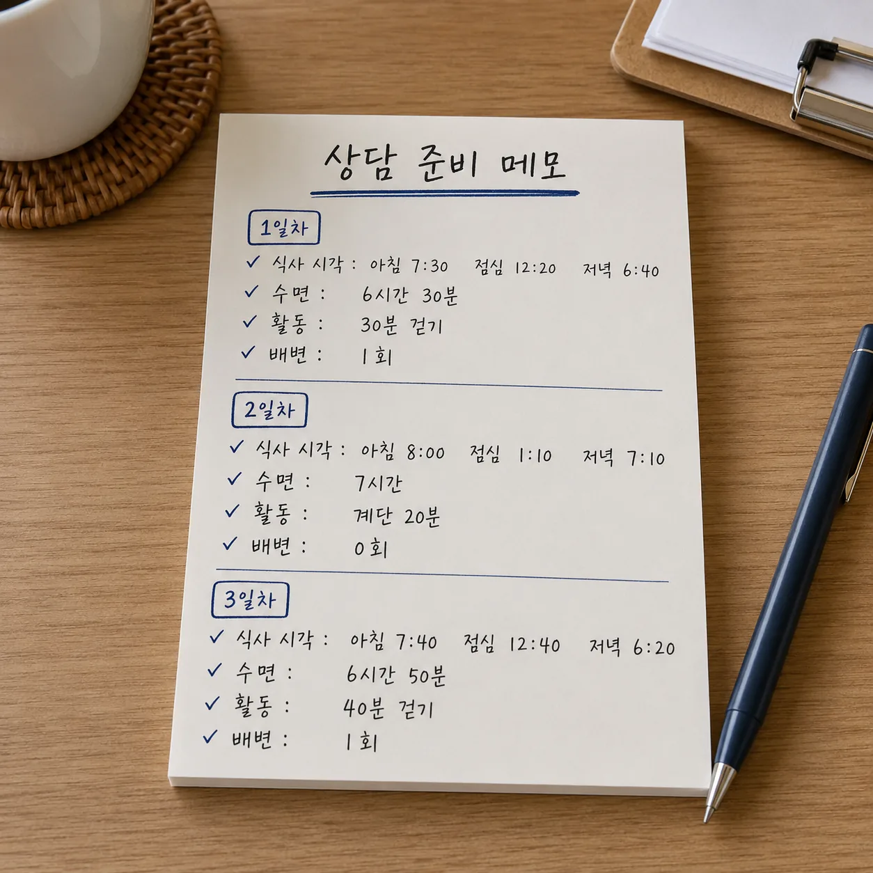 식사 시각과 수면, 활동, 배변을 사흘 분 적은 상담 준비 메모