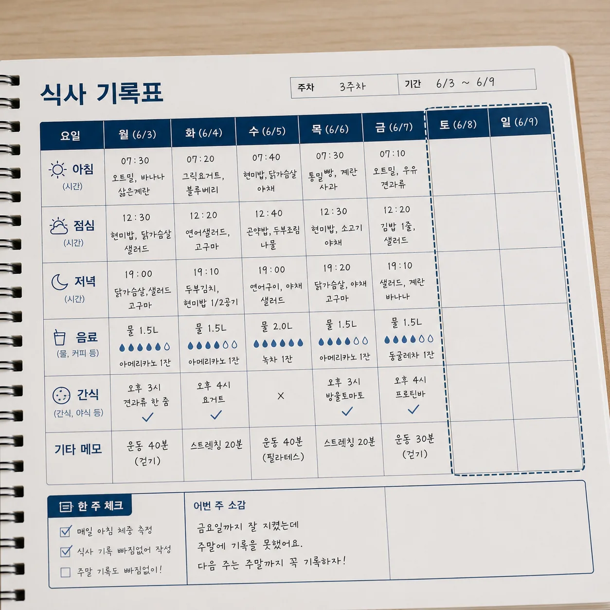 주말과 음료 항목이 빠진 식사 기록