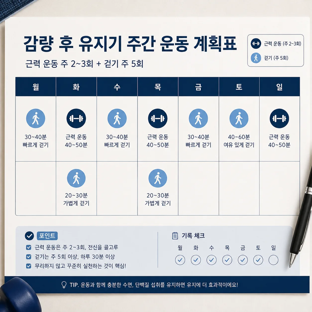 감량 후 유지기의 주간 운동 계획표