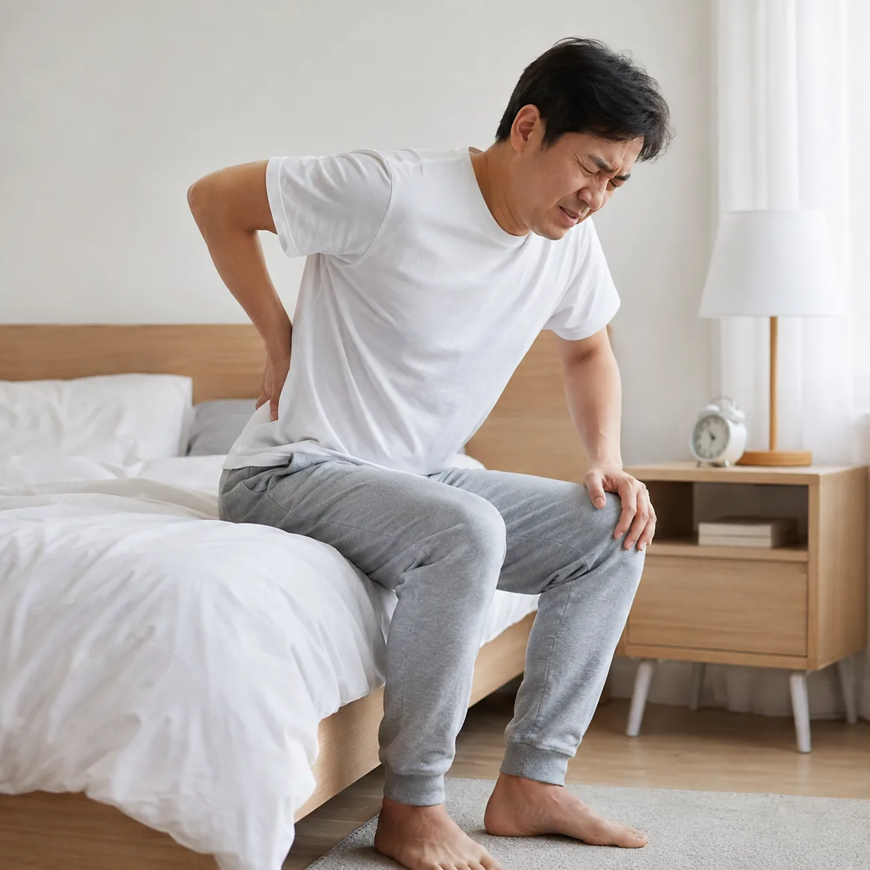 허리를 삐끗한 다음 날 아침 침대에서 일어나기 힘들어하는 모습