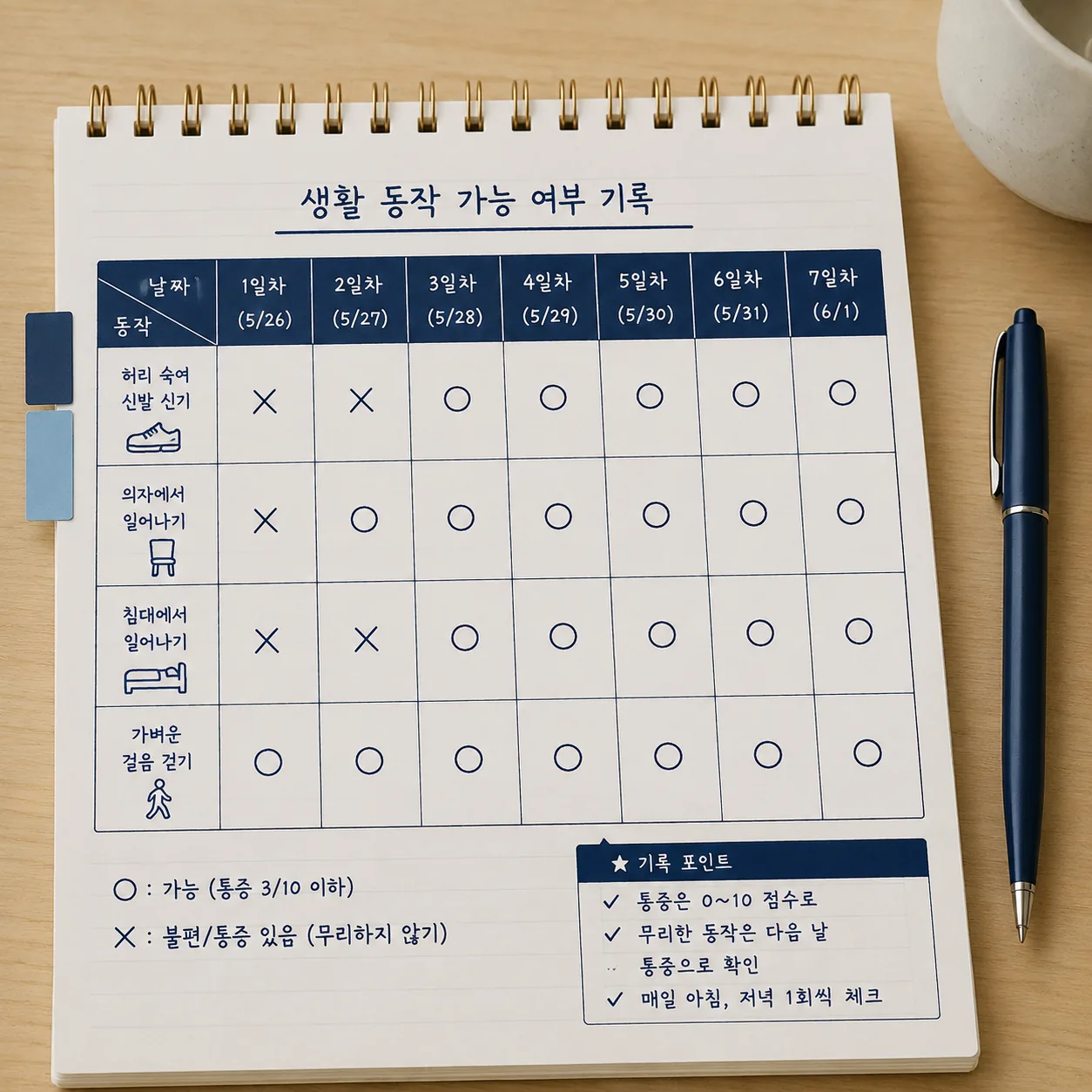 허리염좌 회복을 생활 동작 네 가지로 기록한 메모
