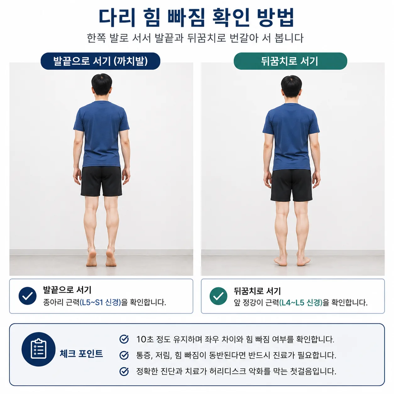 다리 힘빠짐을 확인하는 까치발과 뒤꿈치 서기 자세