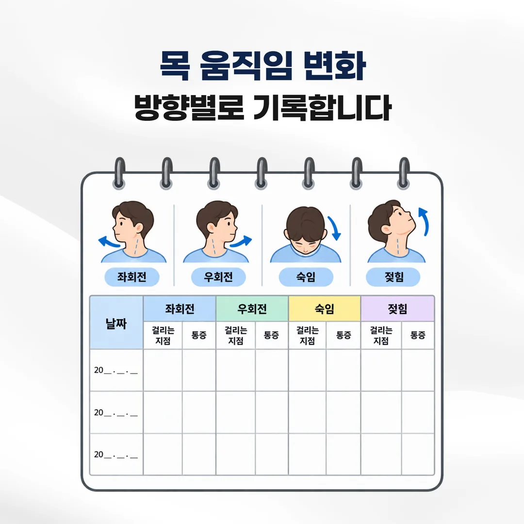 목 회전 네 방향을 날짜별로 적은 기록 메모