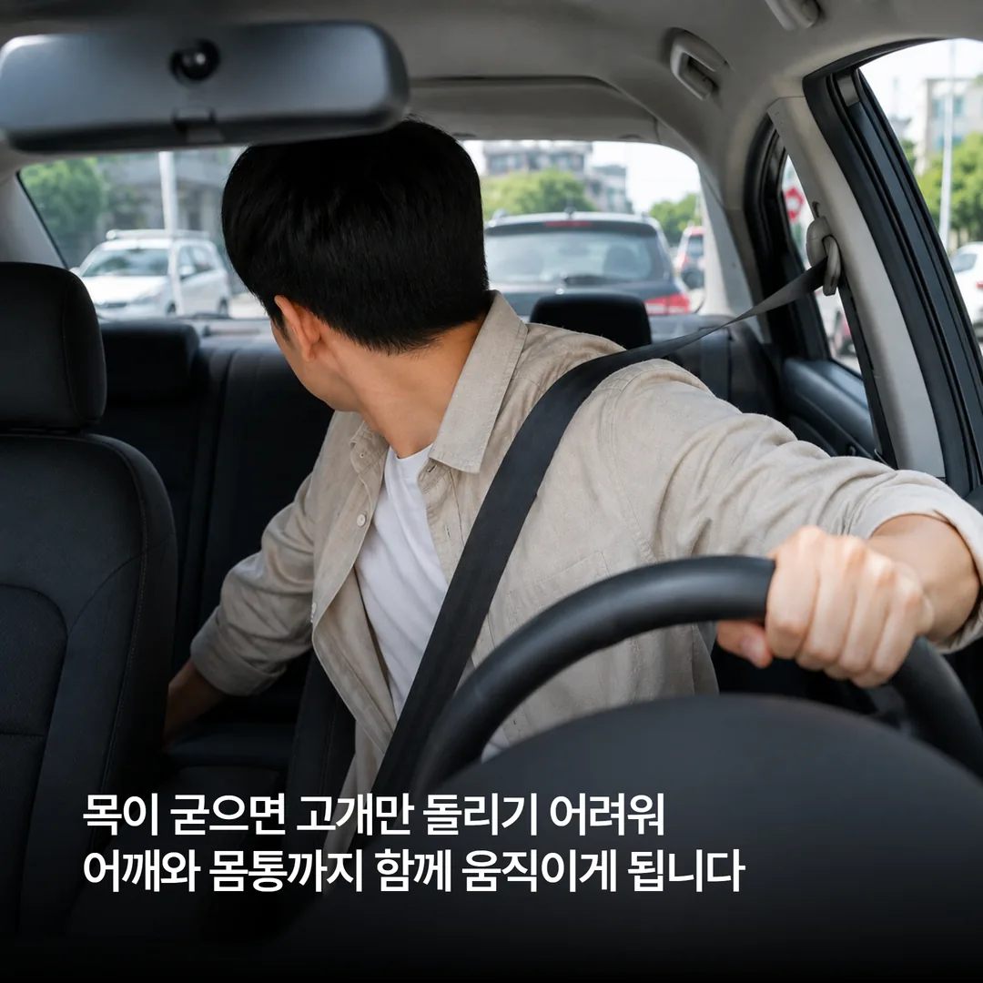 운전 중 고개가 끝까지 돌아가지 않아 몸을 돌리는 장면