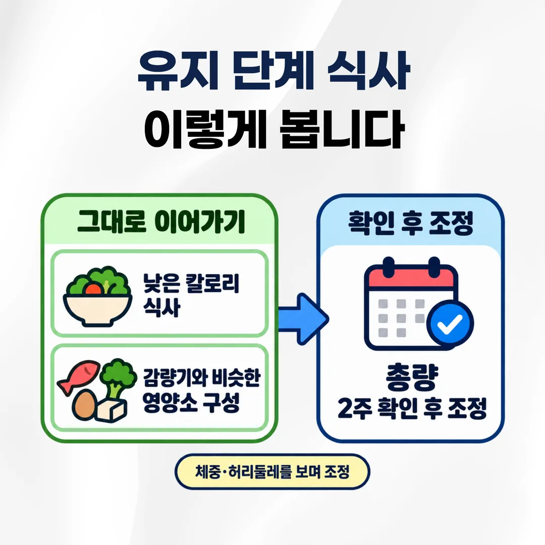 유지 단계 식사에서 그대로 두는 두 가지와 확인에서 정하는 총량을 나눈 관계도