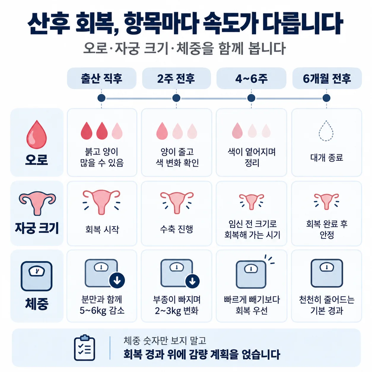 출산 후 주차별 오로와 자궁 크기, 체중 변화 경과를 정리한 도표