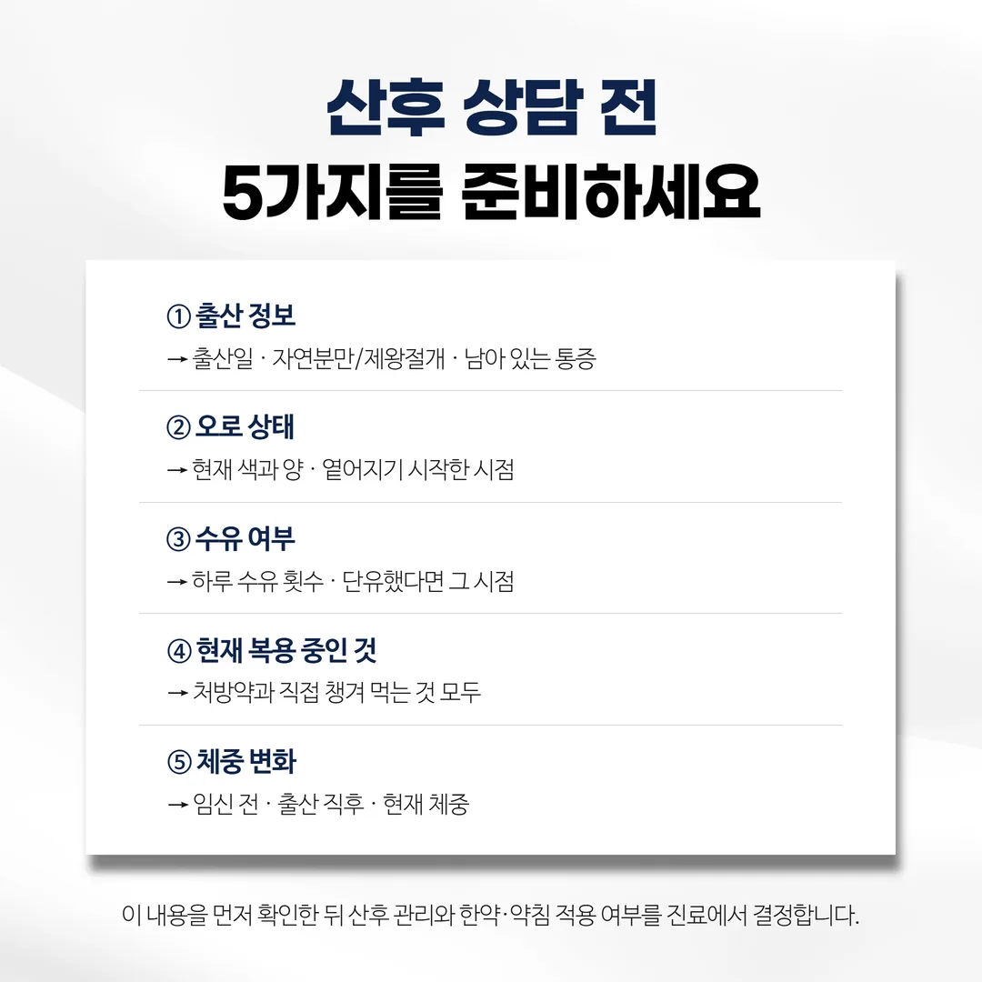 산후 감량 상담에서 확인하는 여섯 항목과 준비물 목록 도식