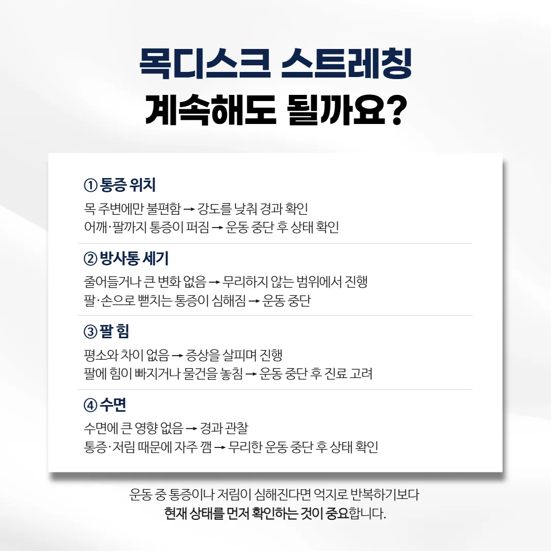 목디스크 스트레칭 지속 여부를 통증 위치와 방사통, 팔 힘, 수면으로 판단하는 흐름도