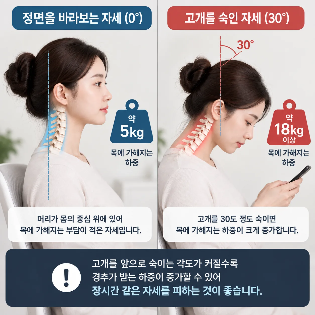 고개를 30도 숙이면 목 디스크에 걸리는 압박이 5kg에서 18kg 이상으로 늘어나는 비교 도식