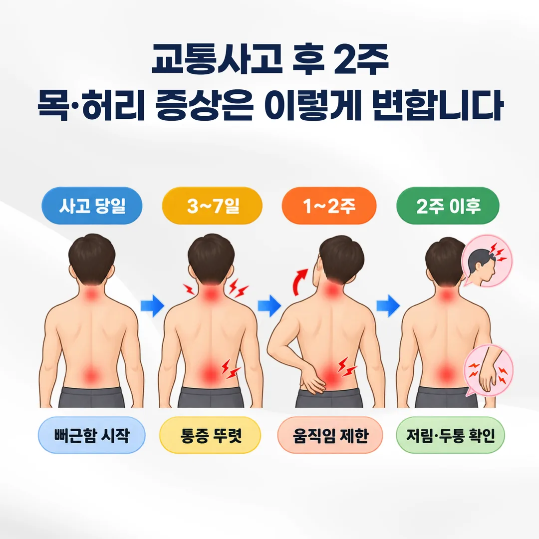 교통사고 후 목과 허리 증상이 사고 당일부터 2주 사이에 변화하는 경과를 정리한 도식