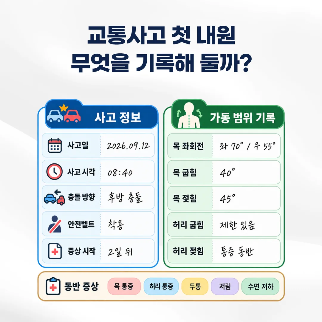 교통사고 첫 내원 시 사고 정보와 목·허리 가동 범위를 기록한 경과 기록지 예시