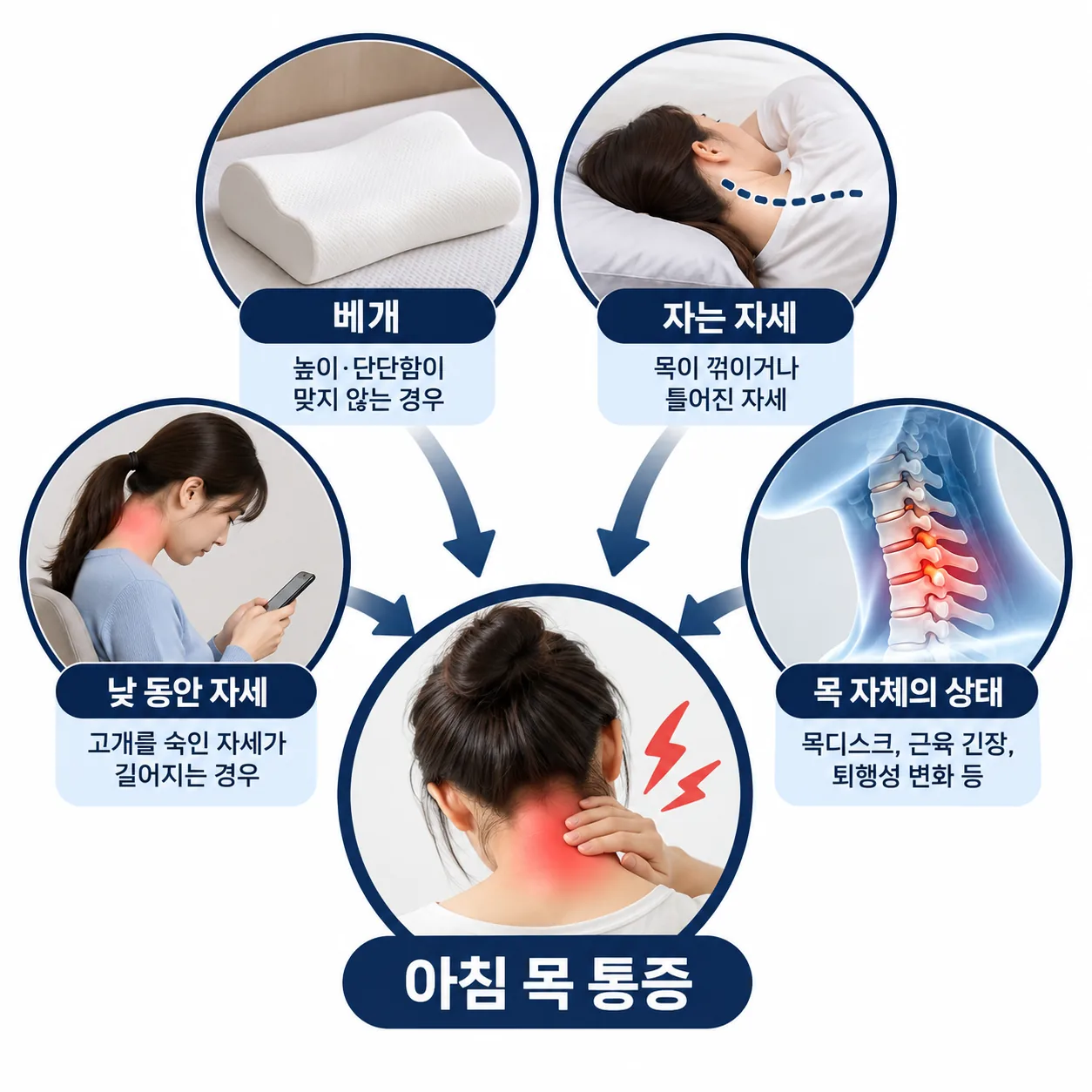 베개·자는 자세·낮 동안의 자세·목 상태가 아침 목 통증으로 모이는 모습을 보여 주는 목디스크 베개 개념도